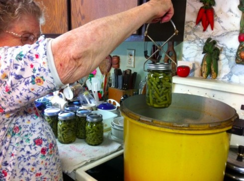 Grandma taking cans out